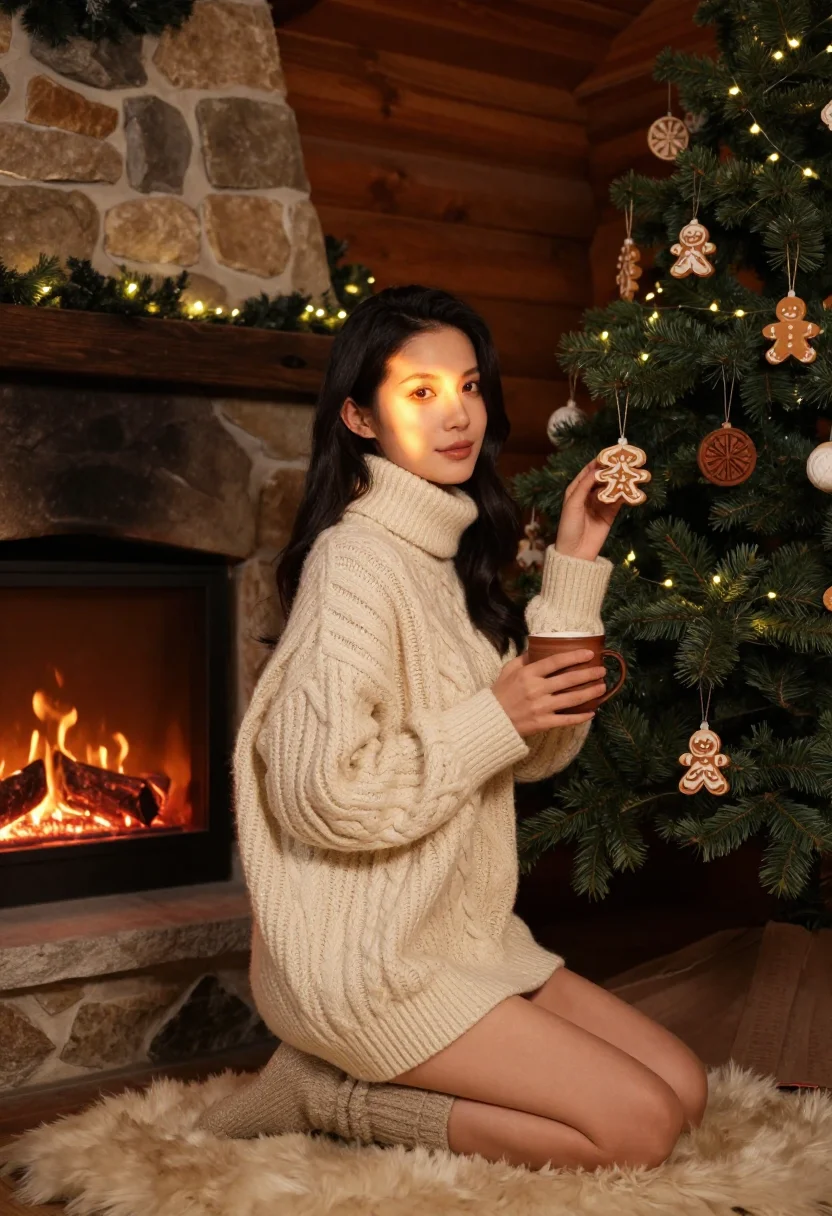 AI alpine chalet christmas sample — portrait of a woman, three-quarter-length portrait of an Eas