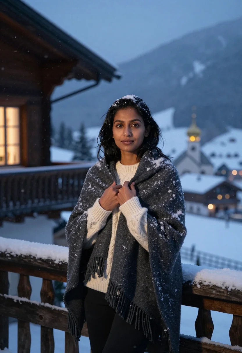 AI alpine chalet christmas sample — portrait of a woman, three-quarter-length portrait of a Sout