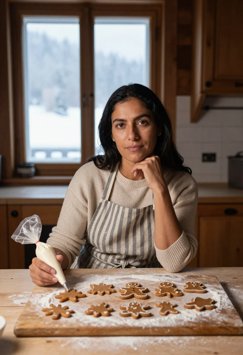 AI alpine chalet christmas sample — portrait of a woman, half-length portrait of a Latin-America