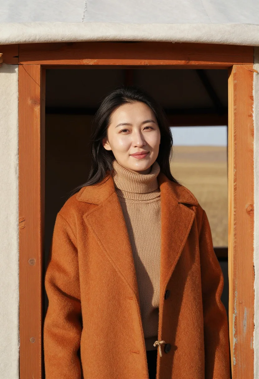 AI altai wildlife biologist steppe ochre felt sample — portrait of a woman, head-and-shoulders portrait of a Kazakh