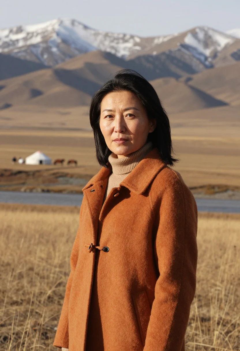 AI altai wildlife biologist steppe ochre felt sample — portrait of a woman, head-and-shoulders portrait of a Kazakh