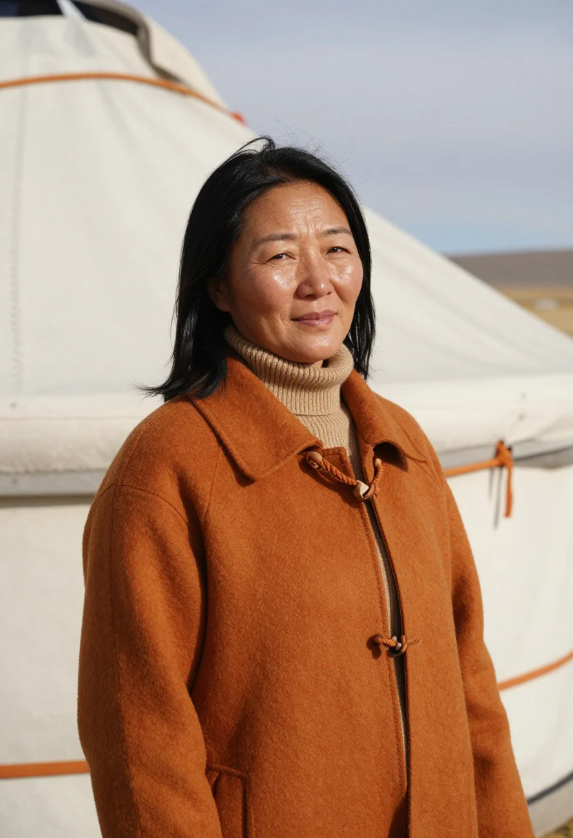 AI altai wildlife biologist steppe ochre felt sample — portrait of a woman, chest-up portrait of a Mongolian woman
