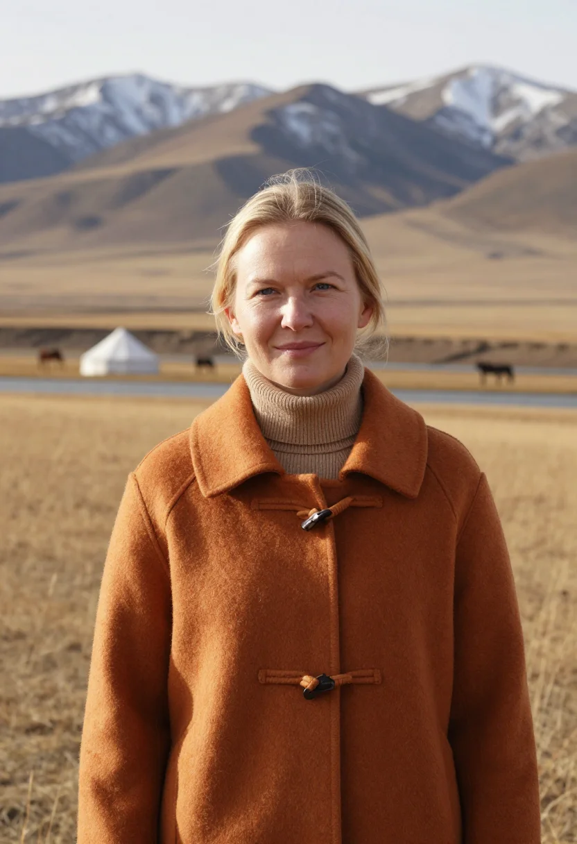 AI altai wildlife biologist steppe ochre felt sample — portrait of a woman, chest-up portrait of a Norwegian woman