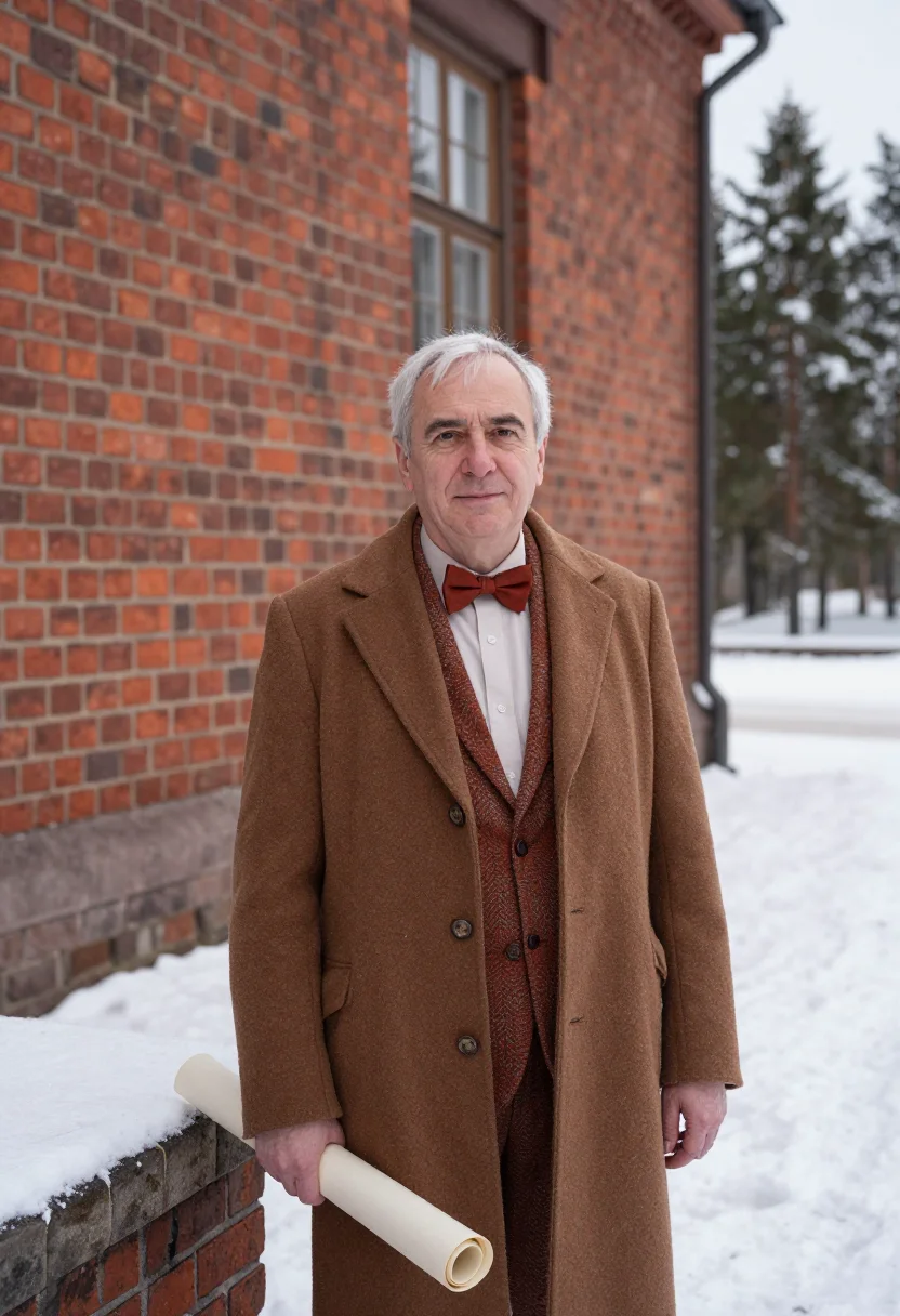 AI alvar aalto saynatsalo january brick sample — portrait of a man, framed half-length from the head to the h