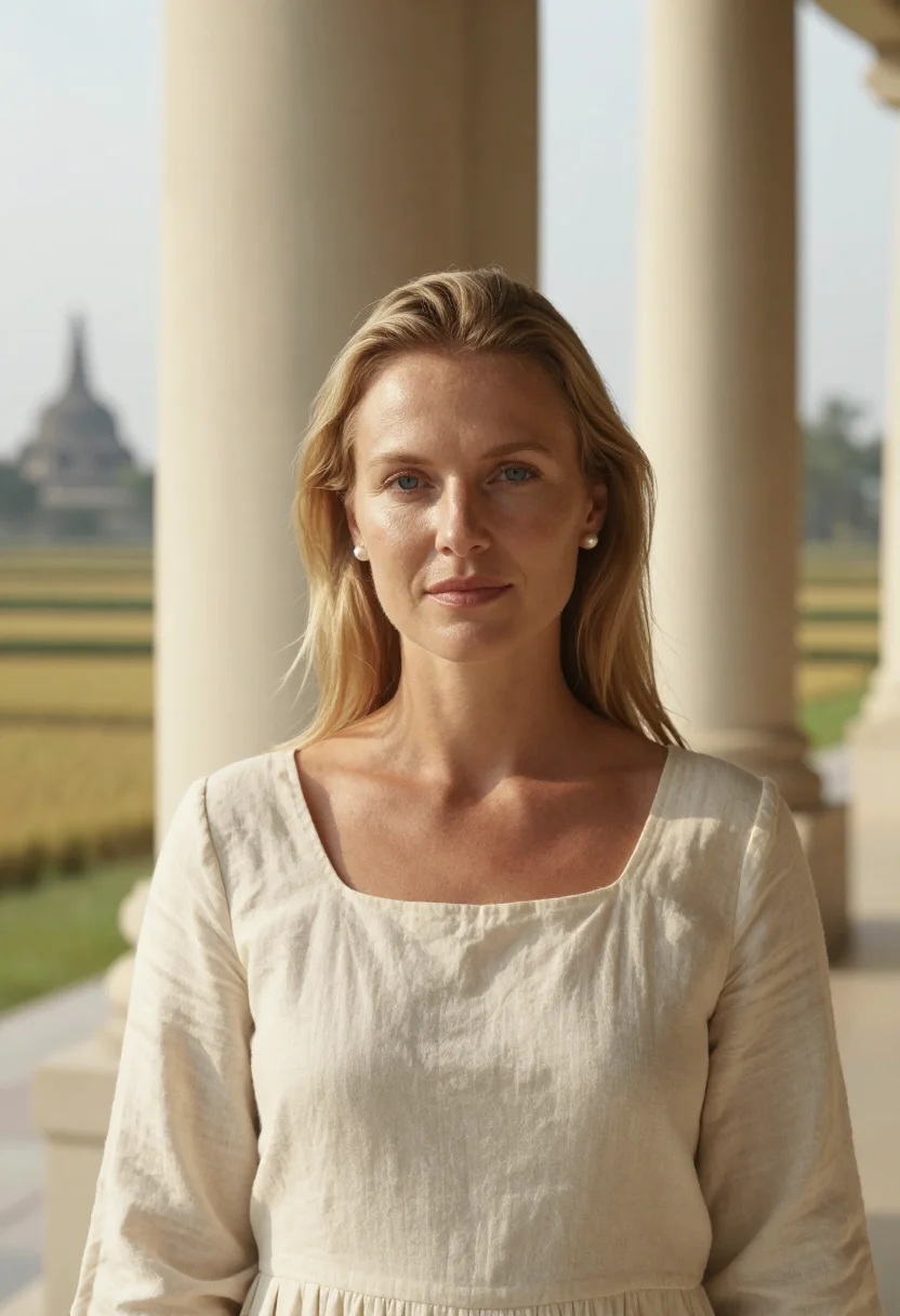 AI amanjiwo borobudur limestone rotunda sample — portrait of a woman, a Dutch guest in her early thirties wit
