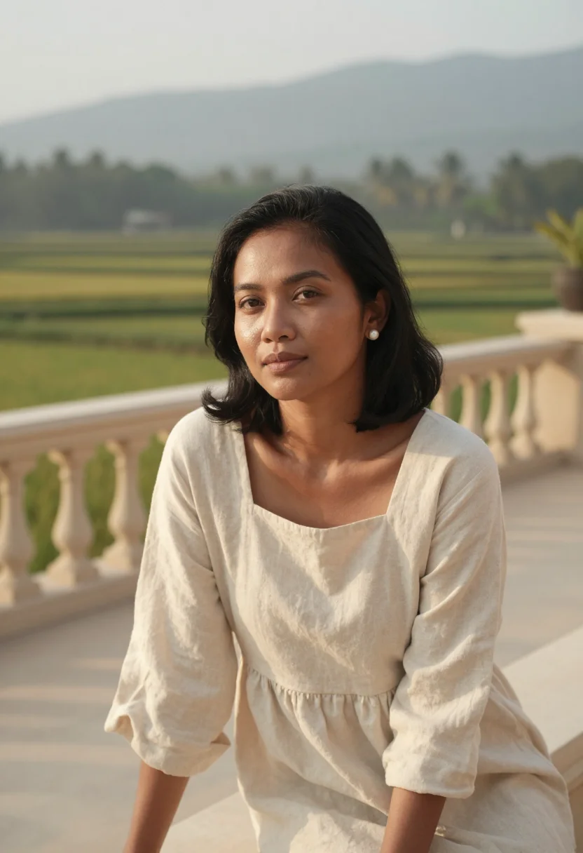 AI amanjiwo borobudur limestone rotunda sample — portrait of a woman, an Indonesian guest in her mid-thirties
