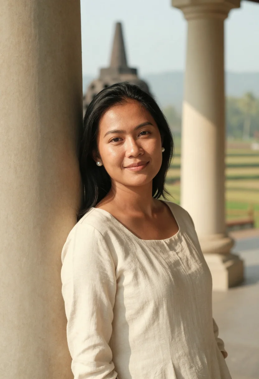 AI amanjiwo borobudur limestone rotunda sample — portrait of a woman, a Javanese guest in her late twenties w