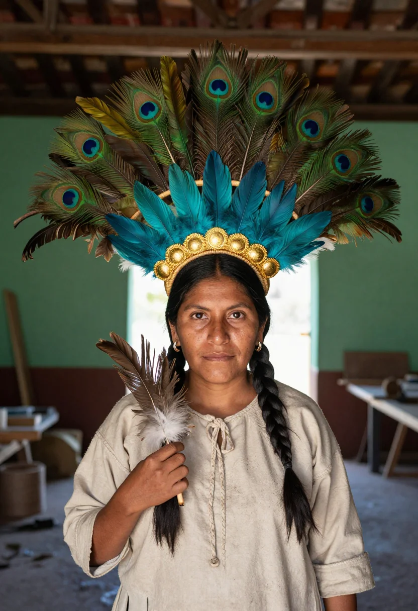 AI amanteca sample — portrait of a woman, chest-up portrait of a Nahua woman with