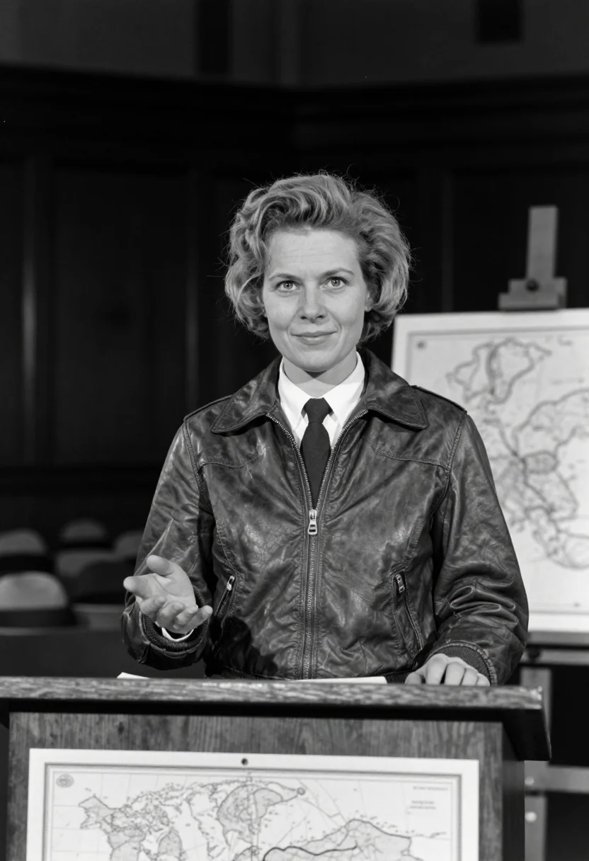AI amelia earhart sample — portrait of a woman, a waist-up photograph at a lectern of a
