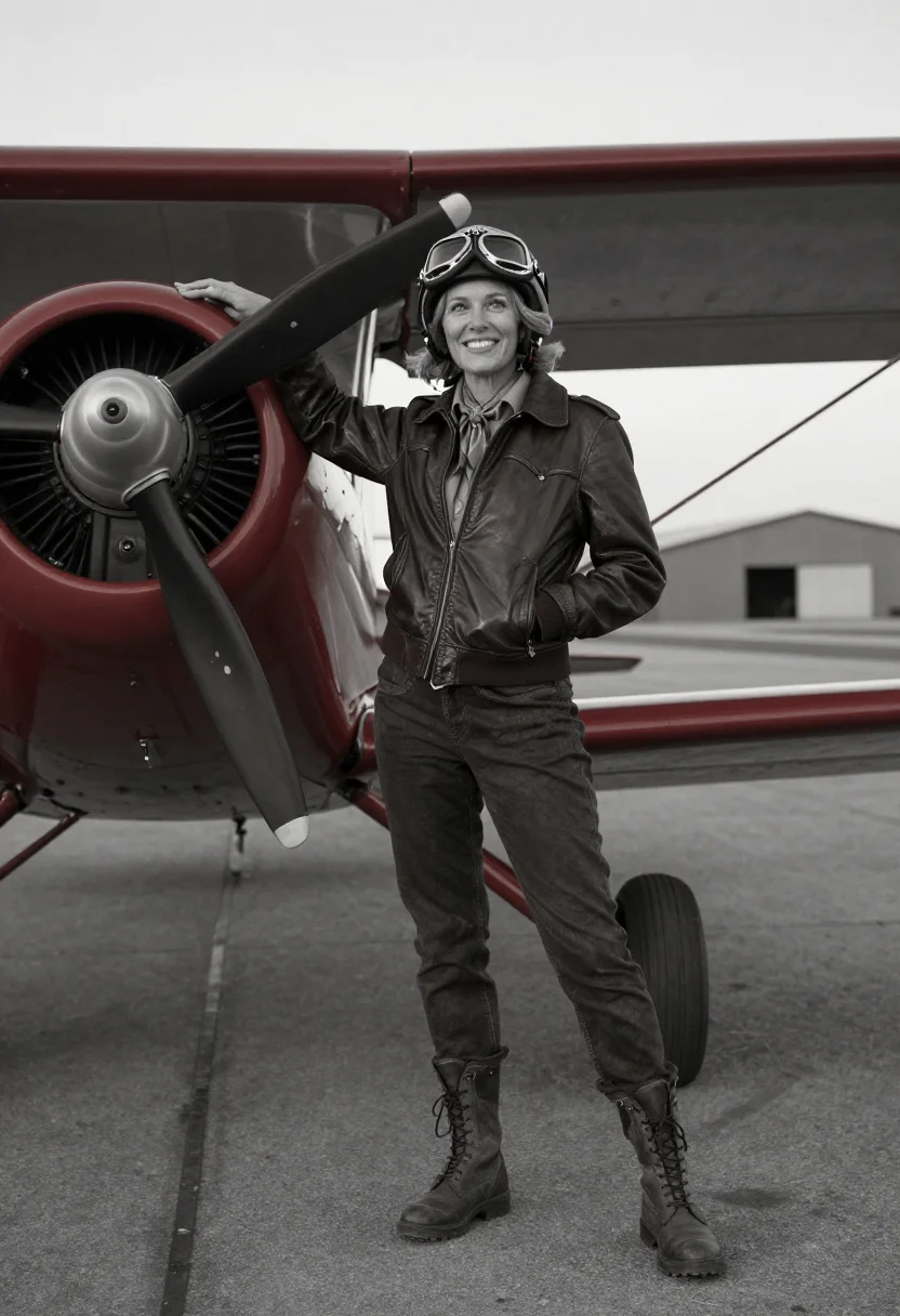 AI amelia earhart sample — portrait of a woman, a full-length photograph on a tarmac ap