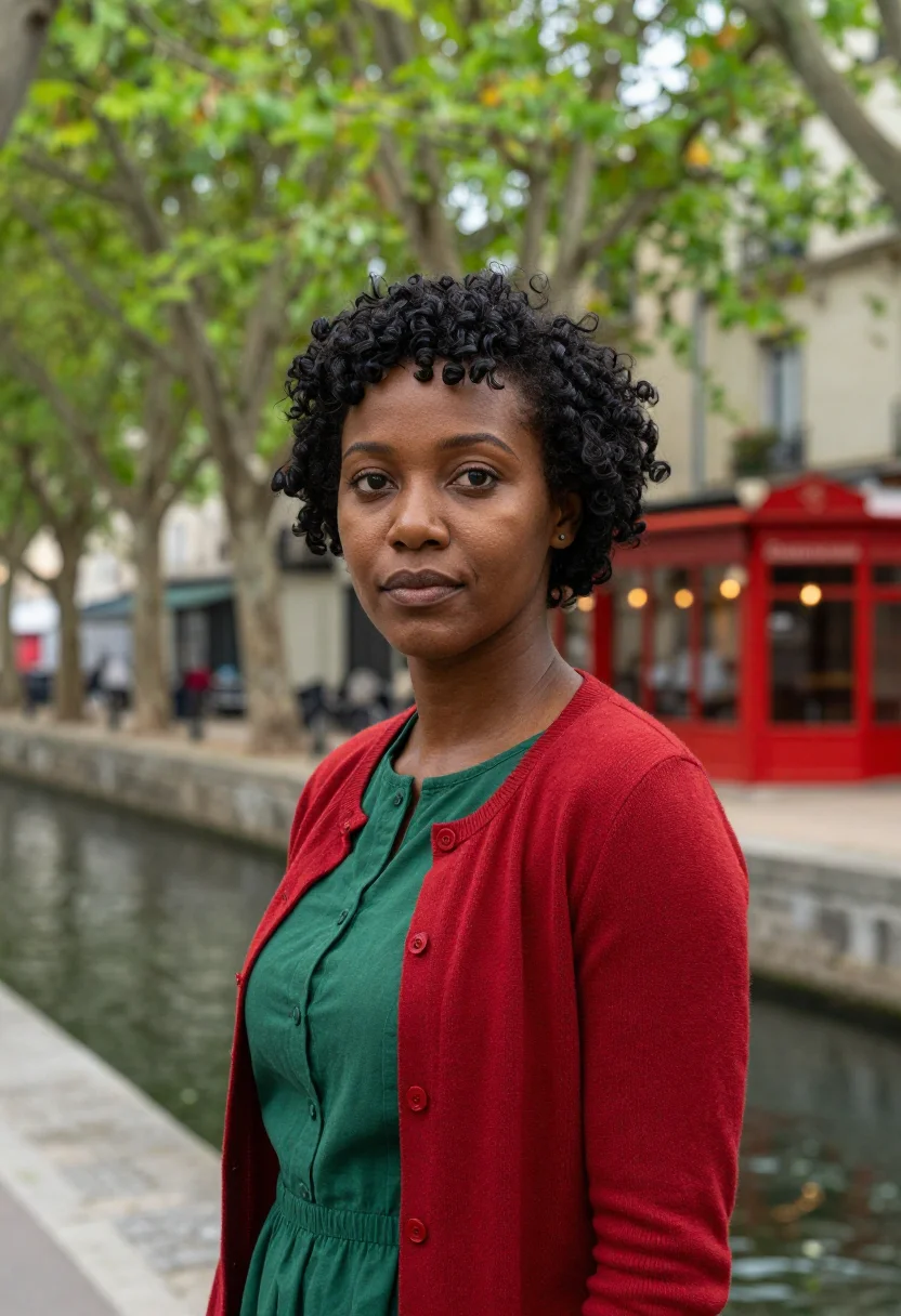 AI amelie canal saint martin red green sample — portrait of a woman, in her late twenties of Martinican desc