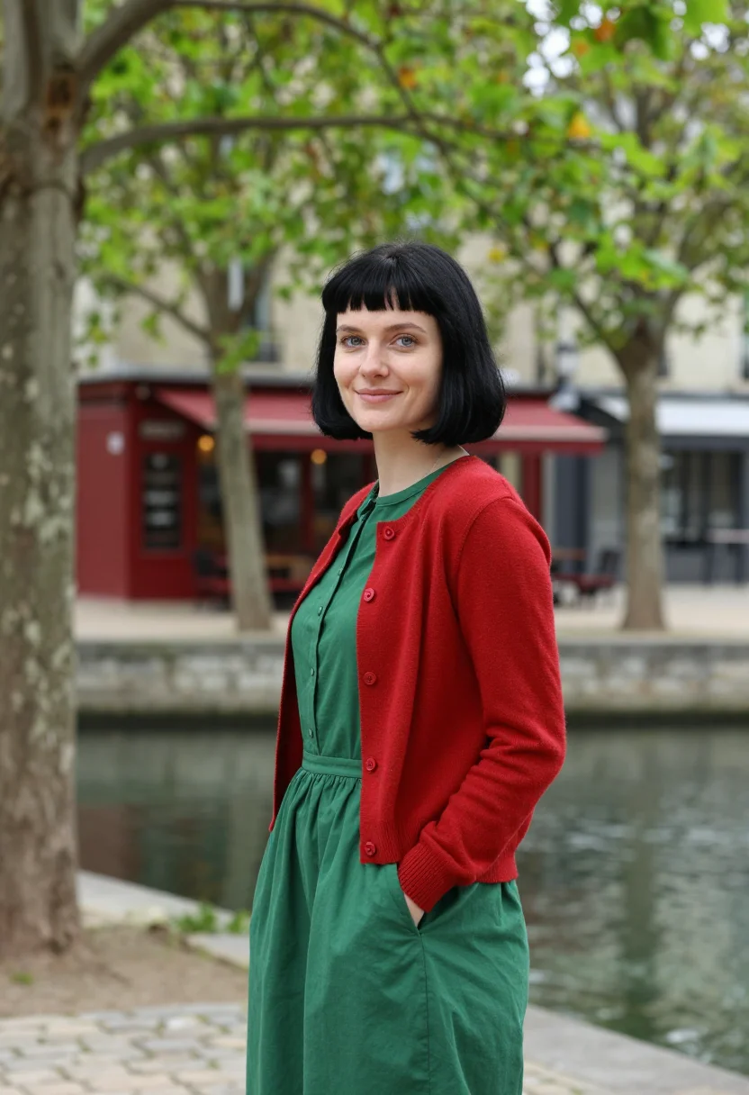 AI amelie canal saint martin red green sample — portrait of a woman, in her mid-twenties of Breton descent,