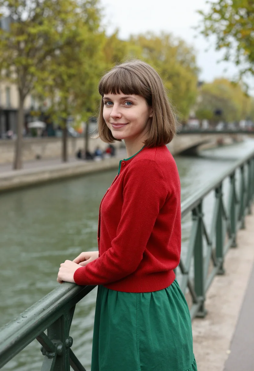 AI amelie canal saint martin red green sample — portrait of a woman, in her mid-twenties of Polish descent,