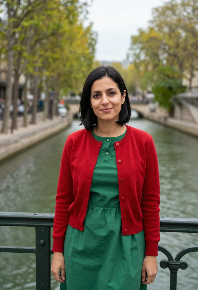 AI amelie canal saint martin red green sample — portrait of a woman, in her early thirties of Moroccan and F
