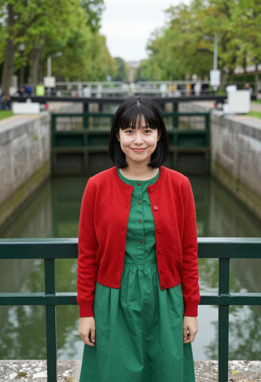 AI amelie canal saint martin red green sample — portrait of a woman, in her late twenties of Korean and Fren