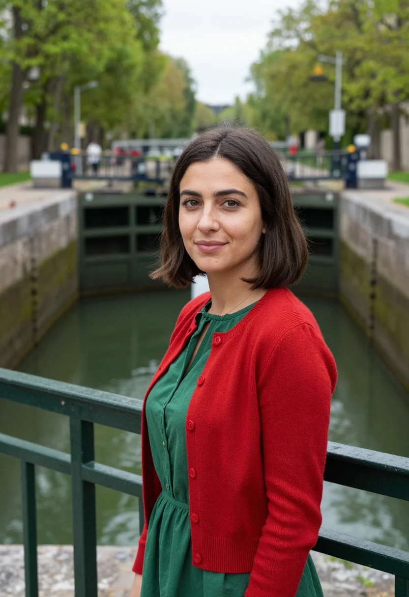 AI amelie canal saint martin red green sample — portrait of a woman, in her early thirties of Lebanese desce