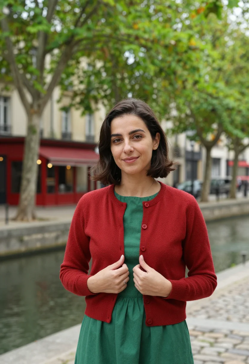 AI amelie canal saint martin red green sample — portrait of a woman, in her early thirties of Portuguese des