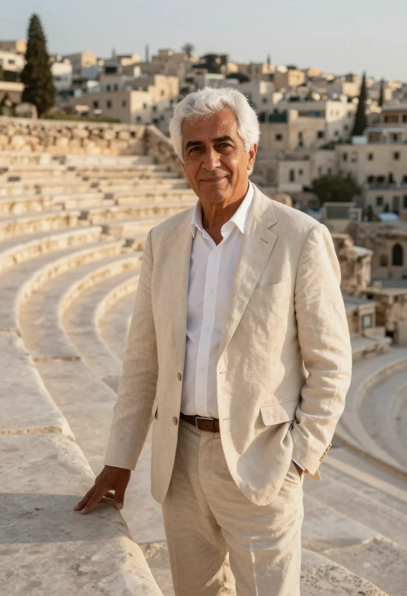 AI amman architect limestone white sample — portrait of a man, an architect in his sixties with olive sk