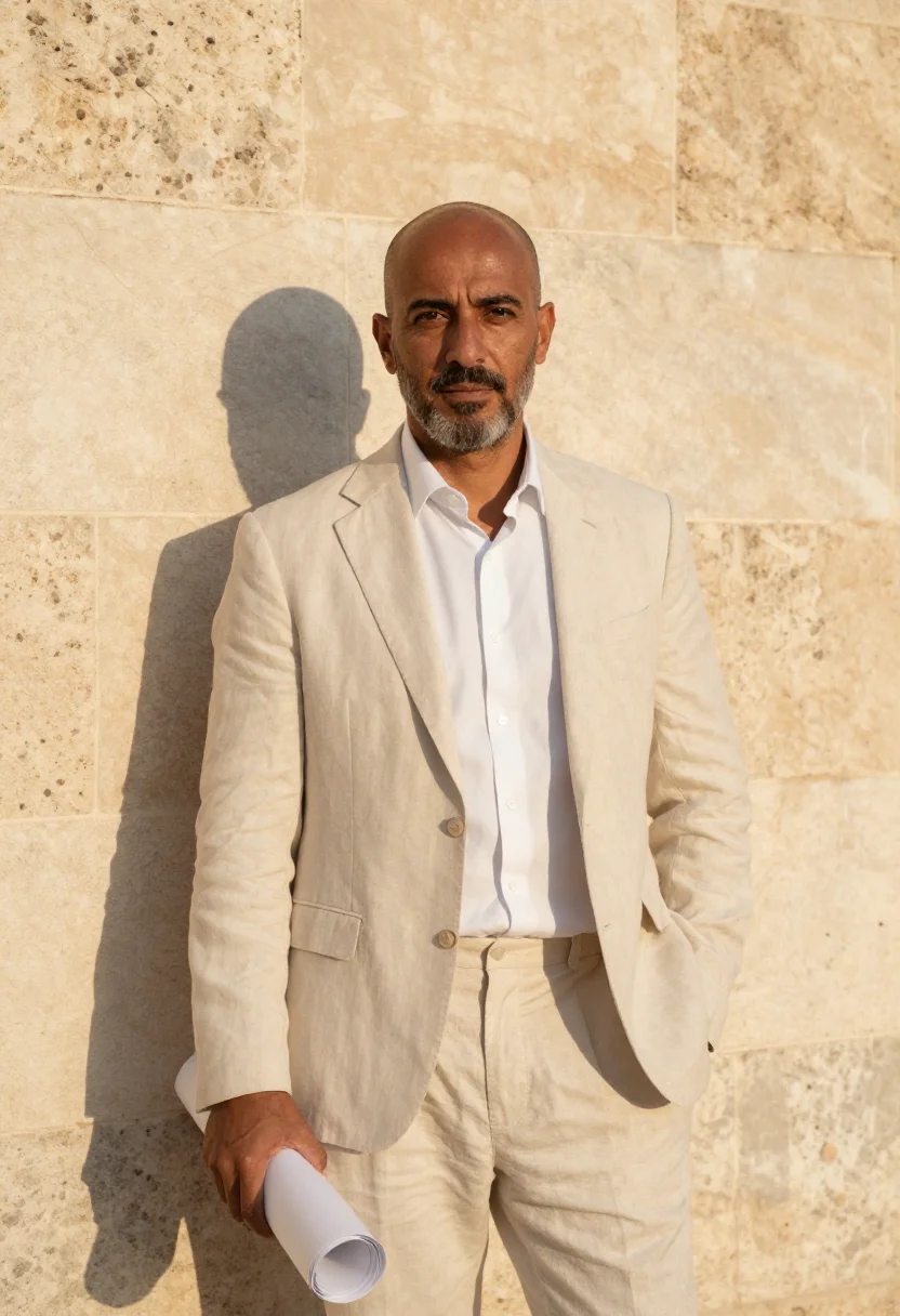 AI amman architect limestone white sample — portrait of a man, an architect in his fifties with tan skin