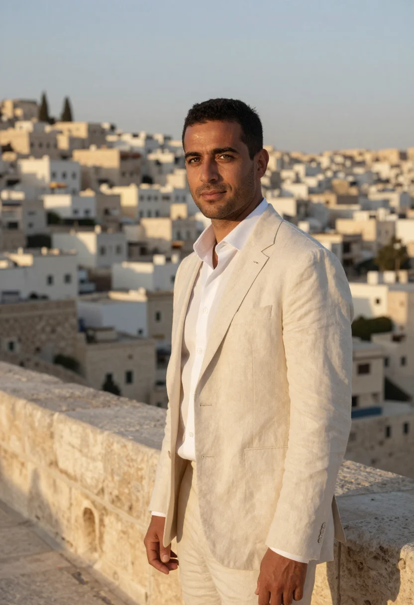 AI amman architect limestone white sample — portrait of a man, an architect in his mid-forties with oliv