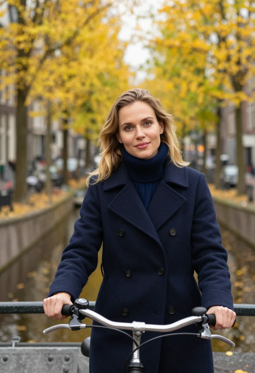 AI amsterdam bike elm yellow sample — portrait of a woman, framed tight, head and shoulders, the b