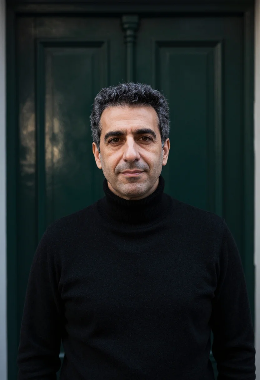 AI amsterdam canal black sample — portrait of a man, chest-up portrait of a Mediterranean man