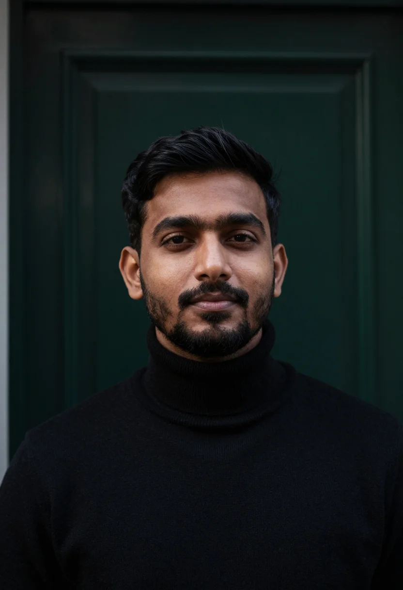 AI amsterdam canal black sample — portrait of a man, close headshot of a South-Asian man in hi