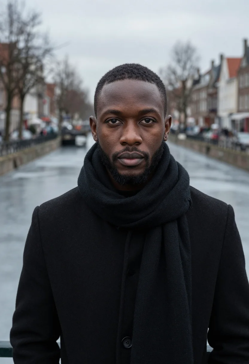 AI amsterdam canal black sample — portrait of a man, head-and-shoulders portrait of a Black ma