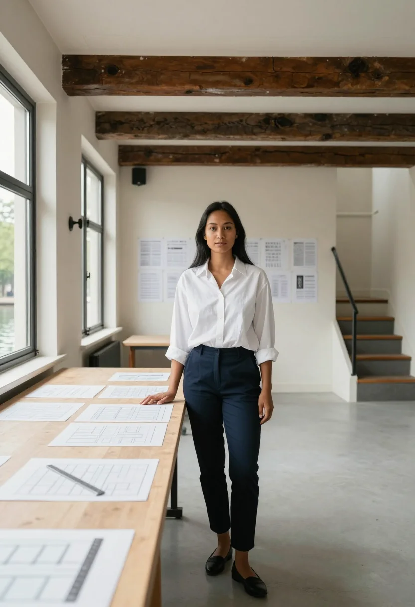 AI amsterdam canal office sample — portrait of a woman, full-length portrait of an Indonesian-D