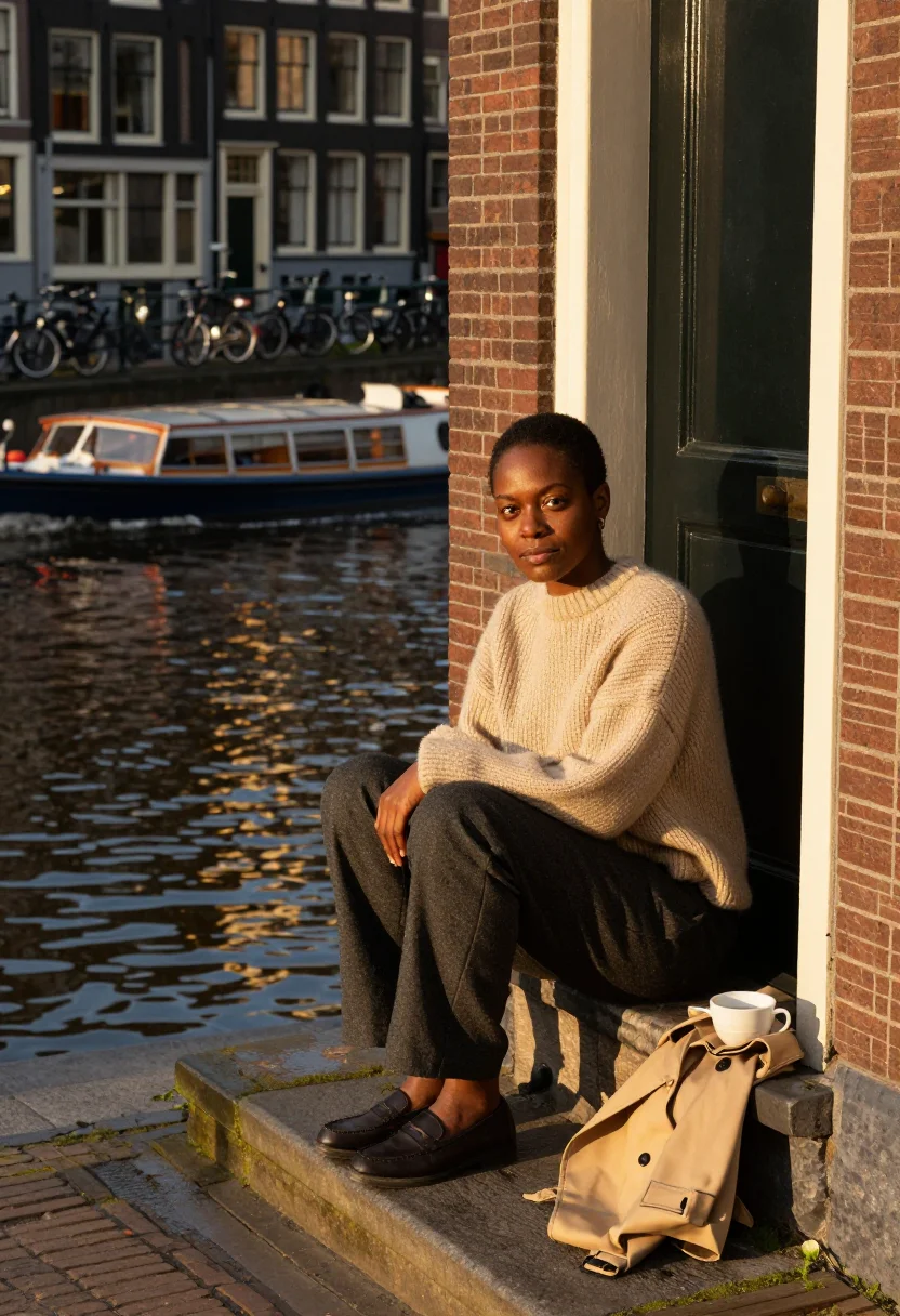 AI amsterdam canal office sample — portrait of a woman, full-length portrait of a Black Dutch w
