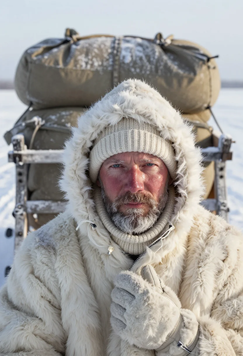 AI amundsen polar fur sample — portrait of a man, framed tight, head and shoulders, the bod