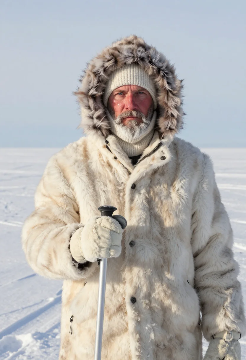 AI amundsen polar fur sample — portrait of a man, framed chest-up to the ribs, the body clo