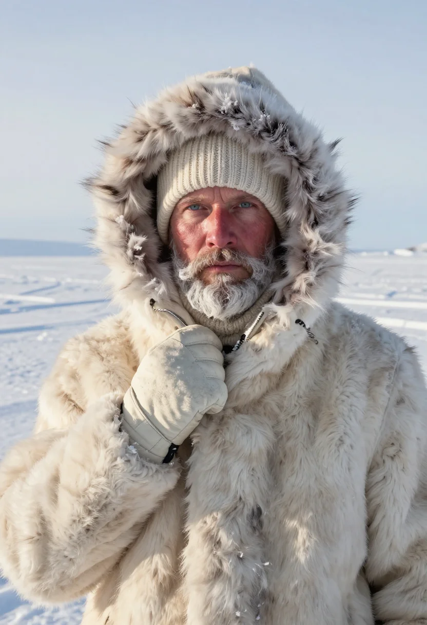 AI amundsen polar fur sample — portrait of a man, framed chest-up to the ribs, the body clo