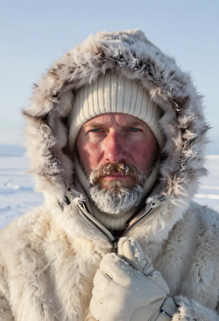 AI amundsen polar fur sample — portrait of a man, framed tight, head and shoulders, the bod