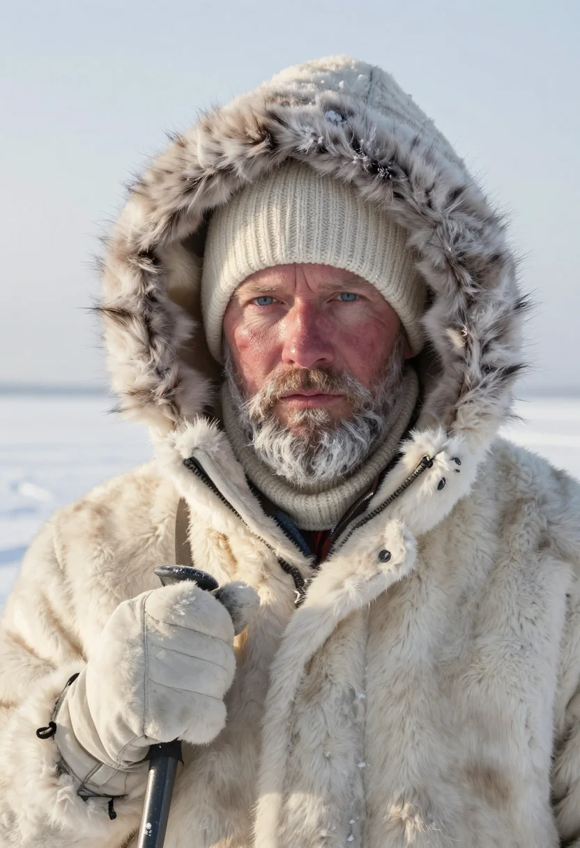 AI amundsen polar fur sample — portrait of a man, framed tight, head and shoulders, the bod