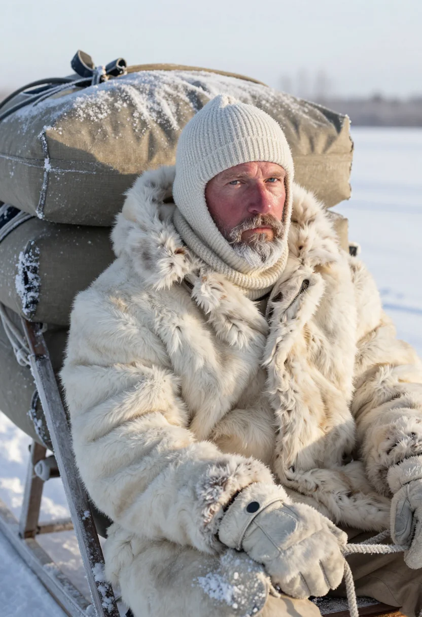AI amundsen polar fur sample — portrait of a man, framed chest-up to the ribs, the body clo