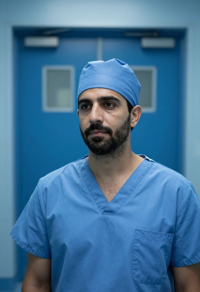 AI anaesthetist blue scrubs dawn sample — portrait of a man, framed tight, head and shoulders, the bod