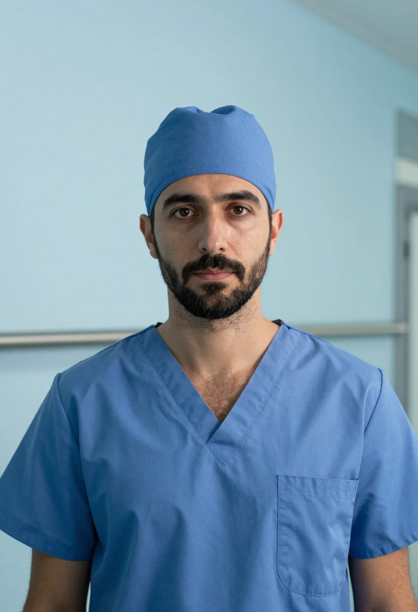 AI anaesthetist blue scrubs dawn sample — portrait of a man, framed tight, head and shoulders, the bod