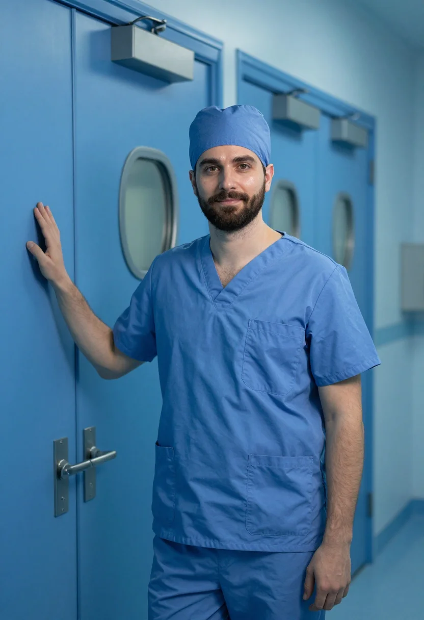 AI anaesthetist blue scrubs dawn sample — portrait of a man, framed chest-up, cropped at the ribs, the