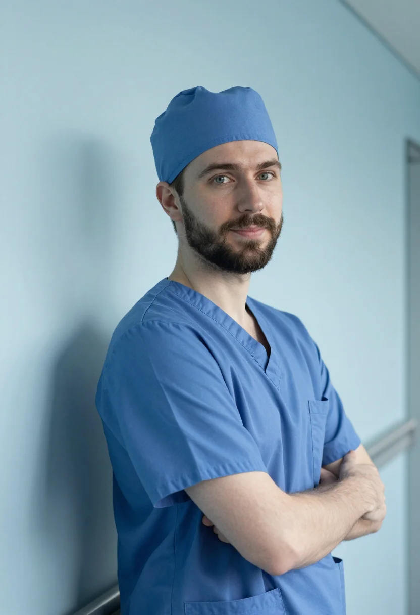 AI anaesthetist blue scrubs dawn sample — portrait of a man, framed chest-up, cropped at the ribs, the