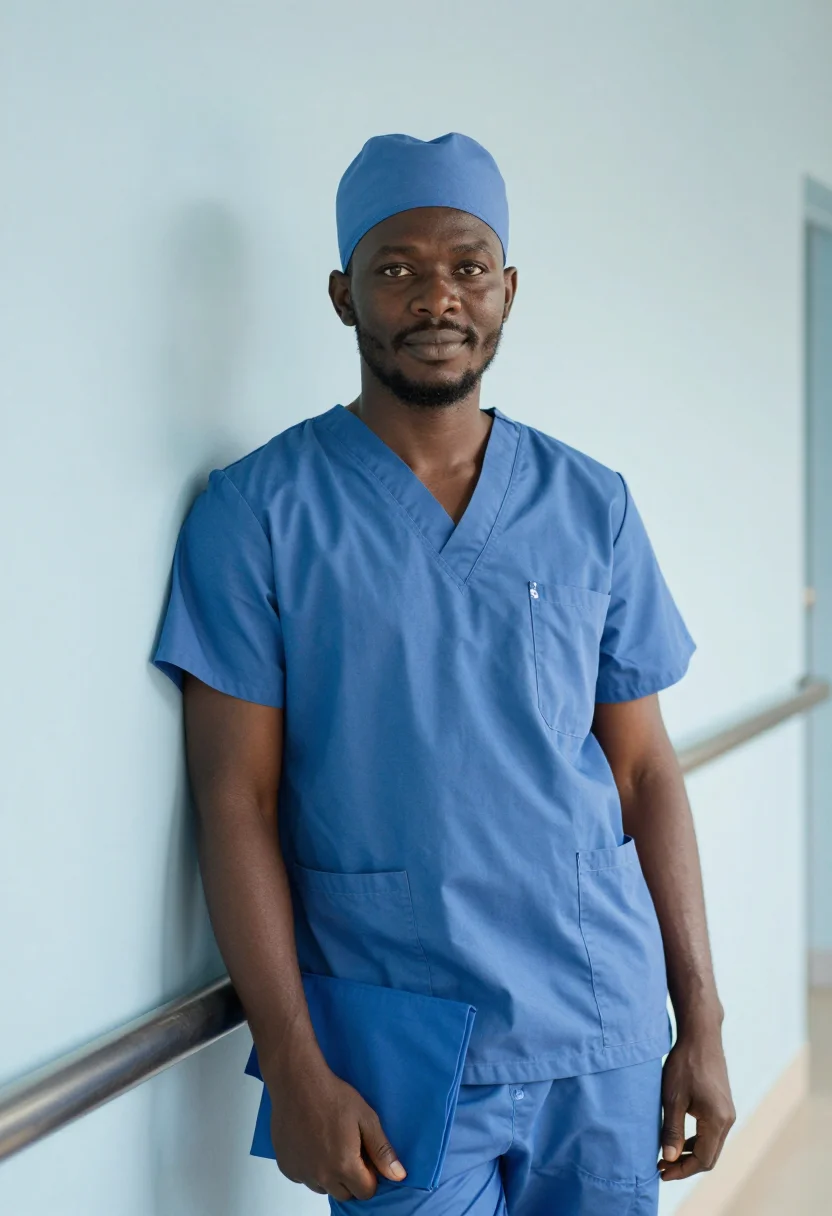 AI anaesthetist blue scrubs dawn sample — portrait of a man, framed half-length, cropped at the waist,