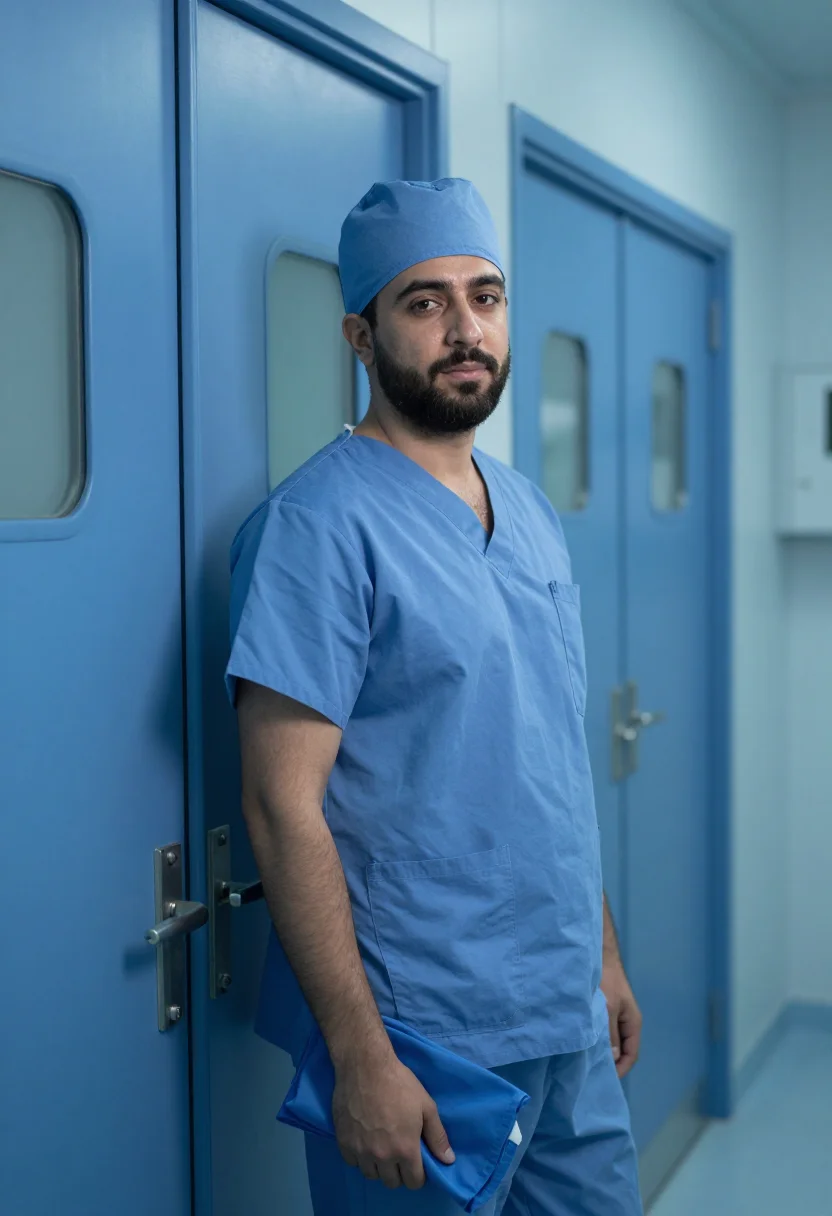 AI anaesthetist blue scrubs dawn sample — portrait of a man, framed half-length, cropped at the waist,