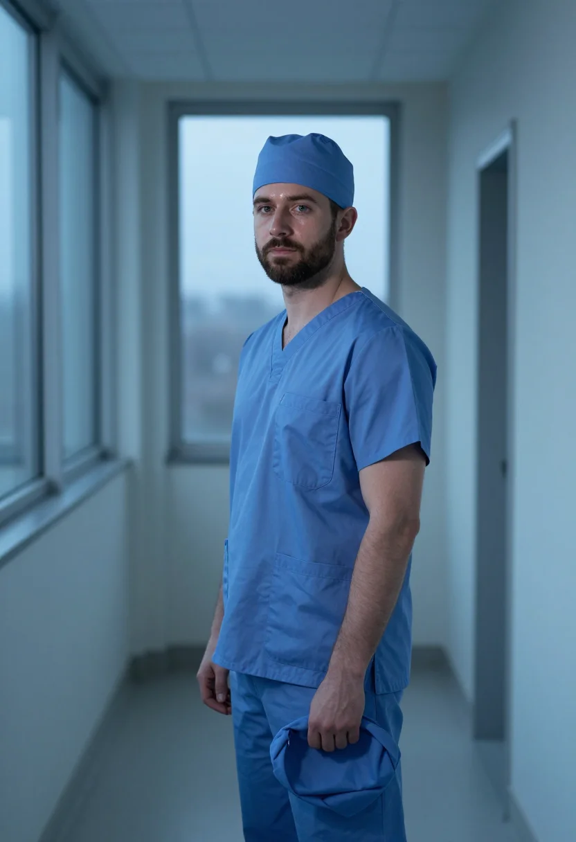 AI anaesthetist blue scrubs dawn sample — portrait of a man, framed three-quarter length, cropped at m