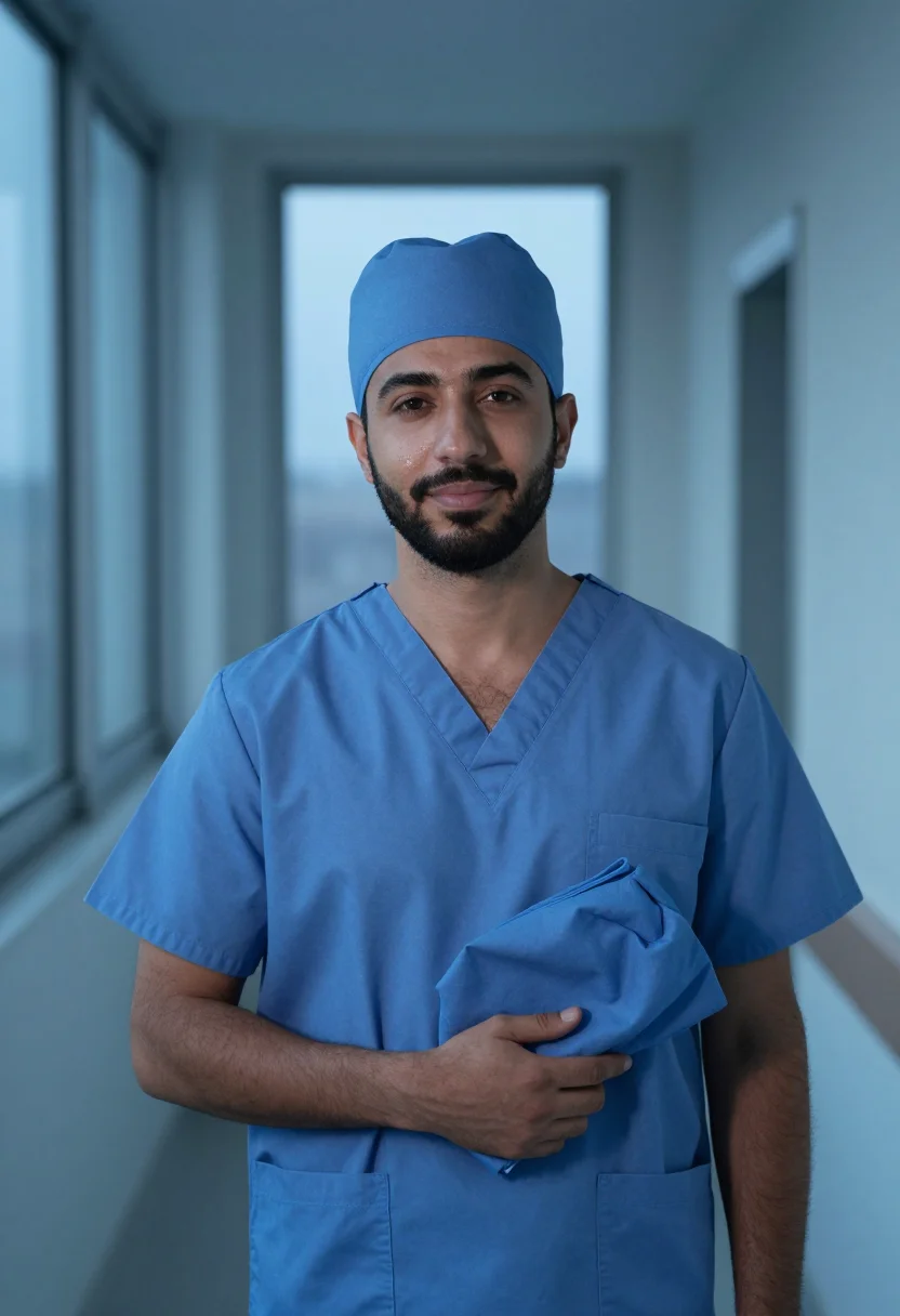 AI anaesthetist blue scrubs dawn sample — portrait of a man, framed chest-up, cropped at the ribs, the