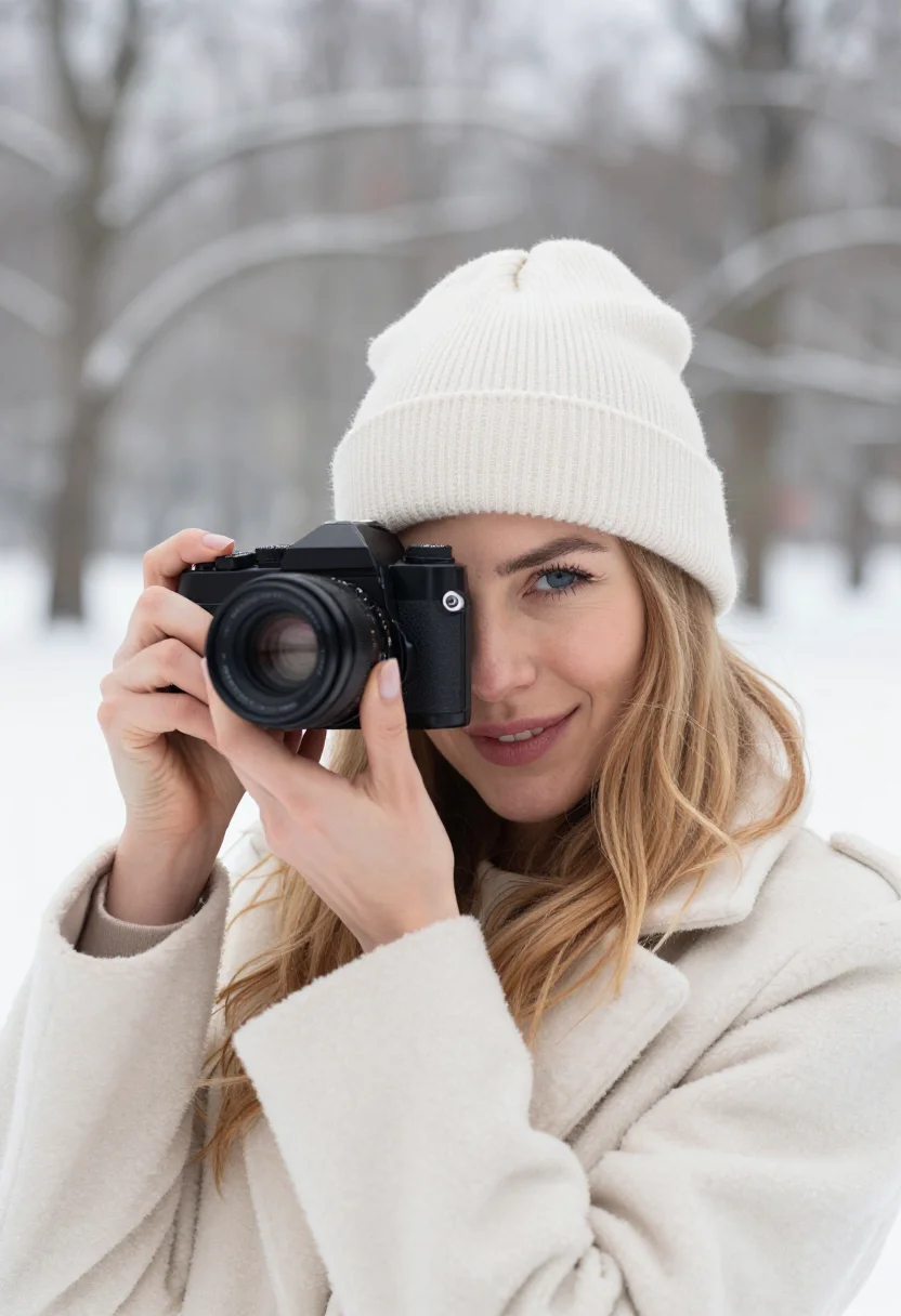AI analog camera snow cream sample — portrait of a woman, framed head and shoulders, tighter, the
