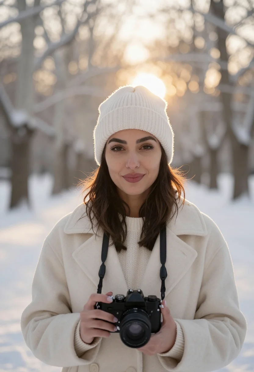 AI analog camera snow cream sample — portrait of a woman, framed chest-up from the ribs with the