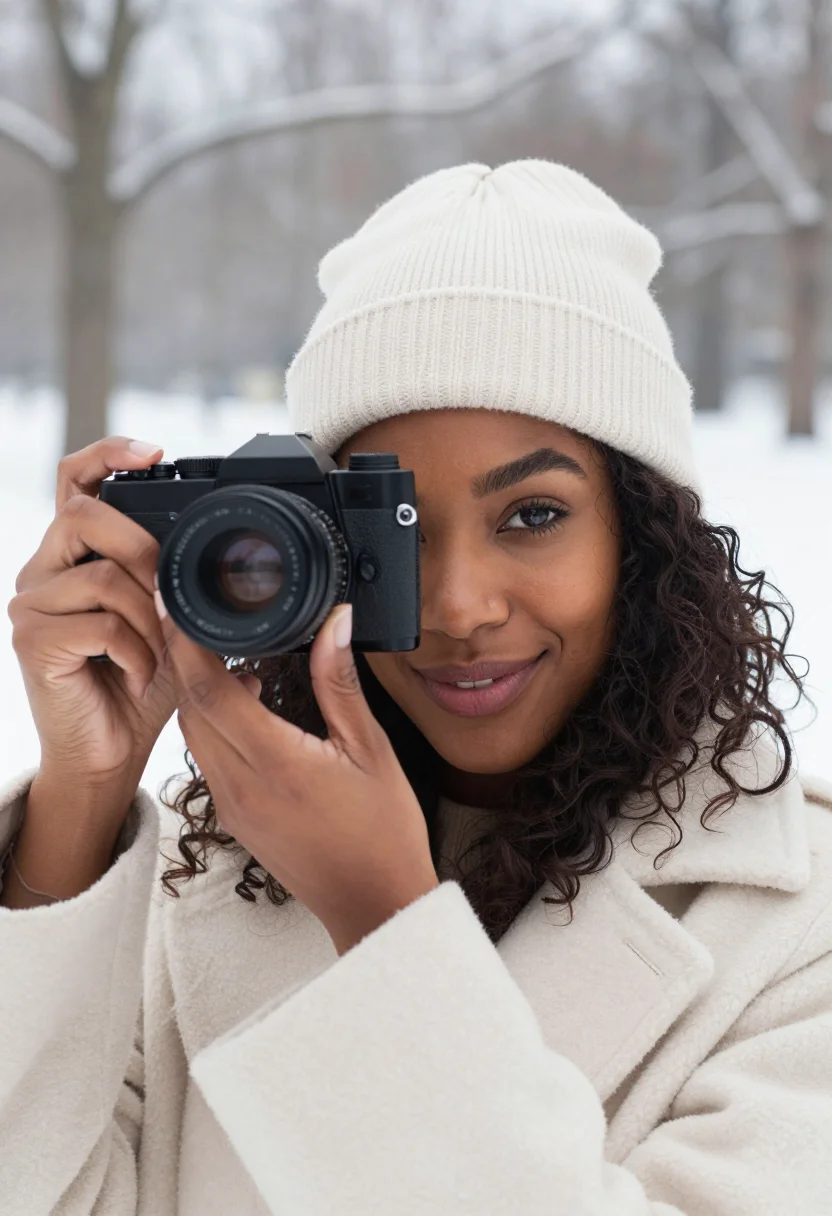 AI analog camera snow cream sample — portrait of a woman, framed tight on the face from the colla