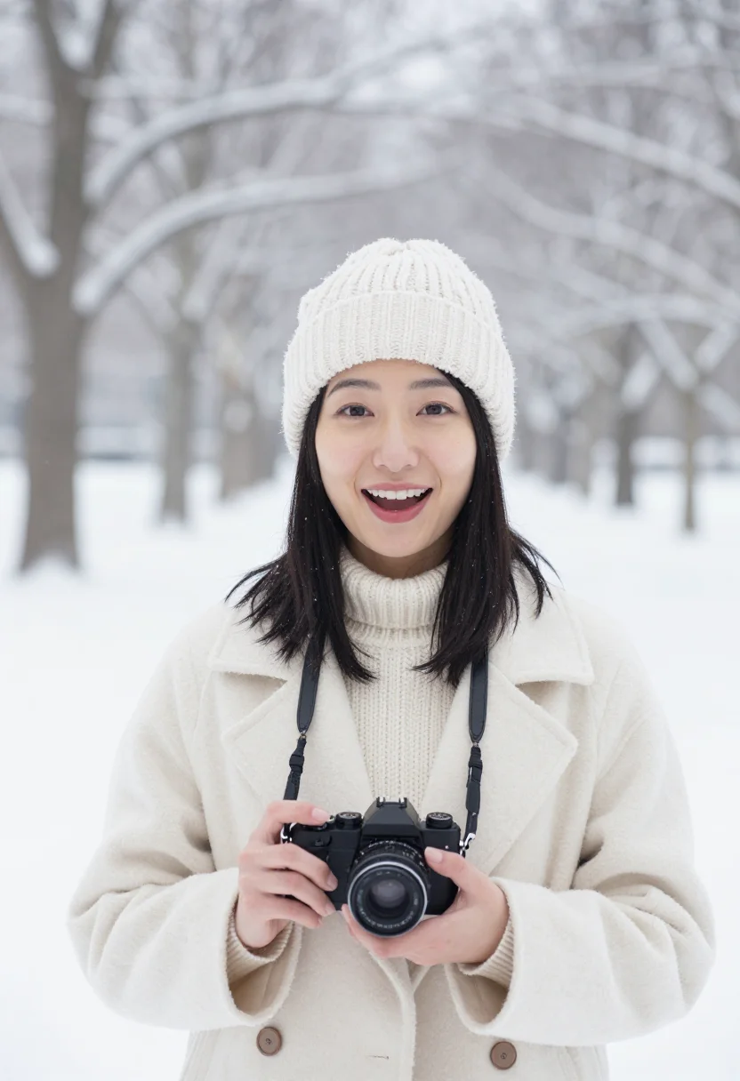 AI analog camera snow cream sample — portrait of a woman, framed chest-up from the ribs with the