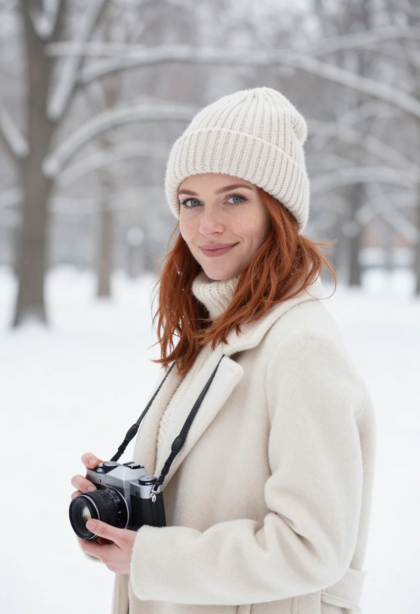 AI analog camera snow cream sample — portrait of a woman, framed head and shoulders, tighter, the