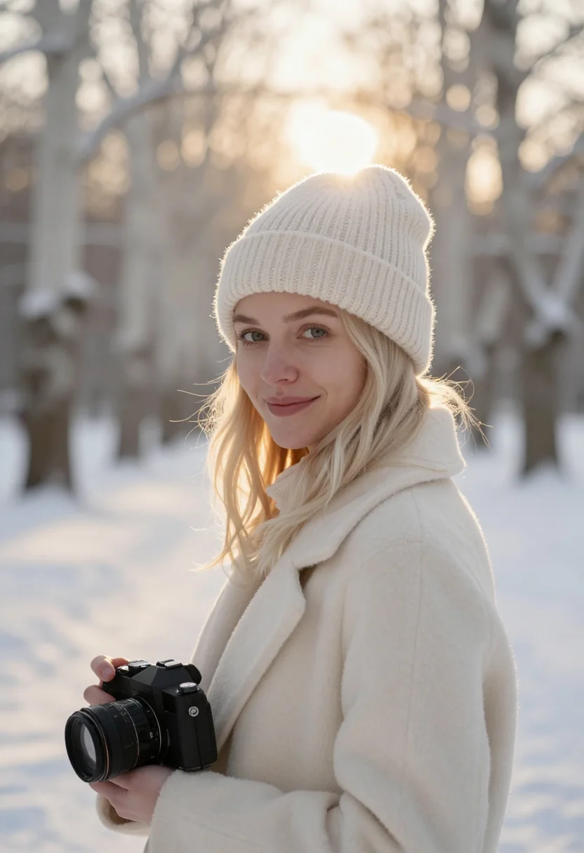 AI analog camera snow cream sample — portrait of a woman, framed head and shoulders, tighter, the